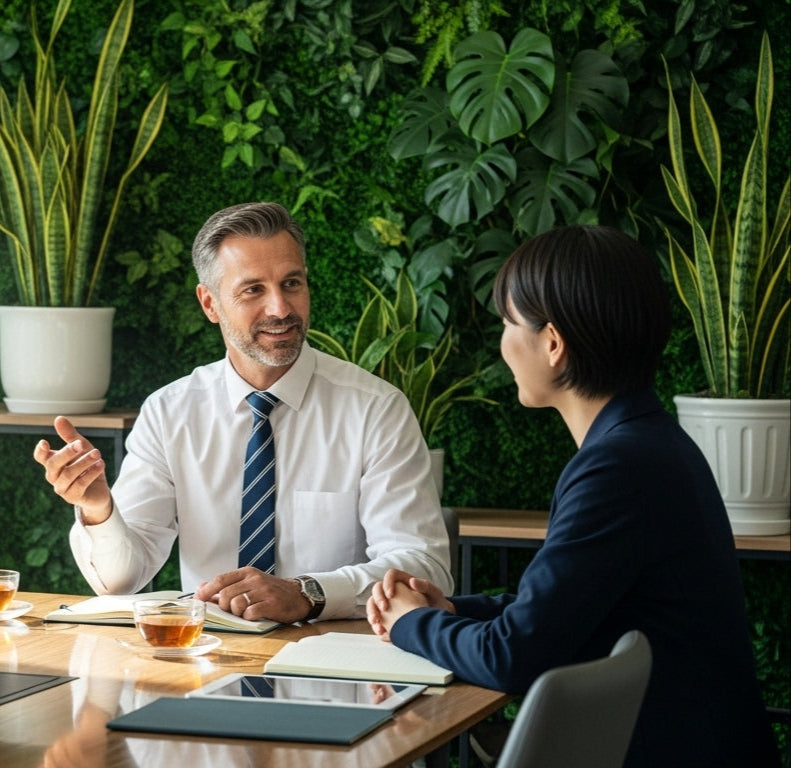 Two people sitting at a table with plants in the background