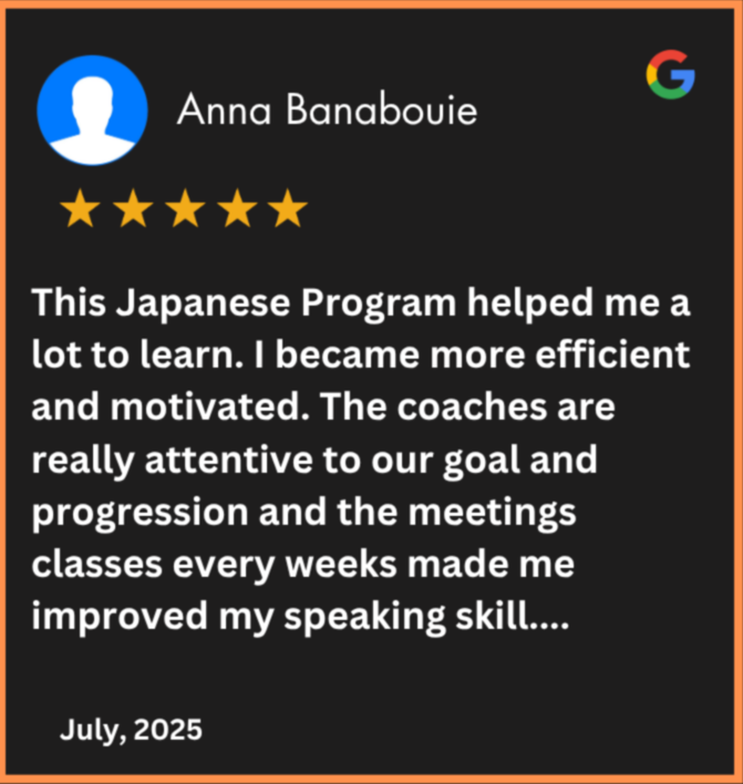 Five-star review from Anna Banabouie about a Japanese learning program on a black background.