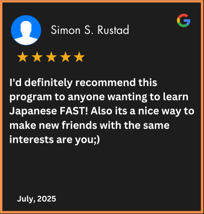 Five-star review from Simon S. Rustad with a comment about learning Japanese and making friends on a black background.
