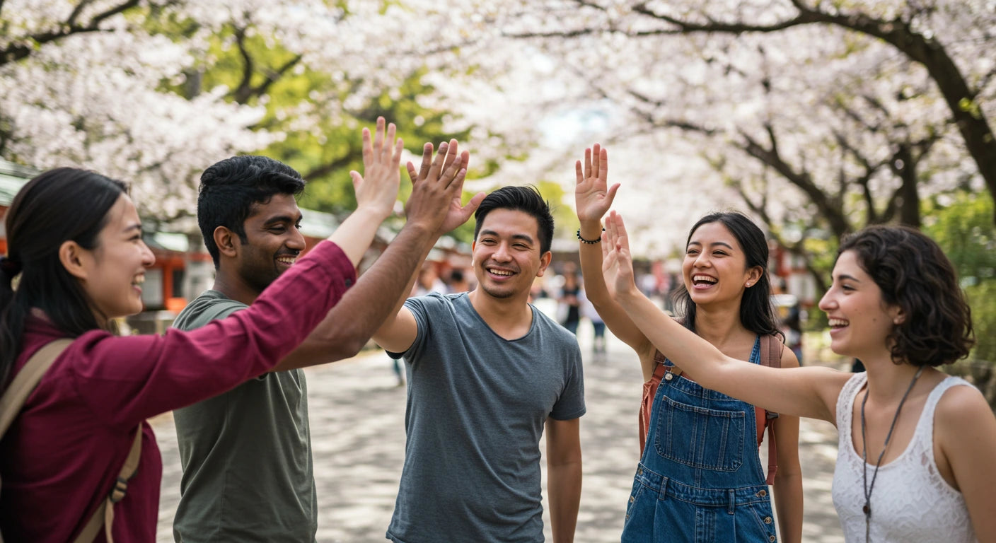 Group of diverse foreigners smiling and high-fiving in a circle during a joyful moment in Japan.