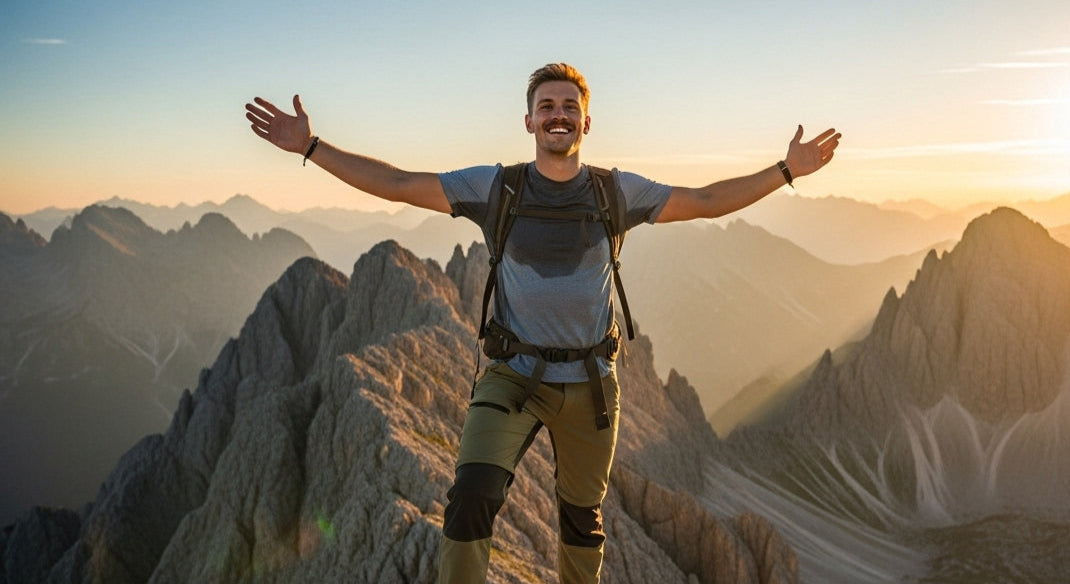 Man with open arms on a mountain peak at sunset