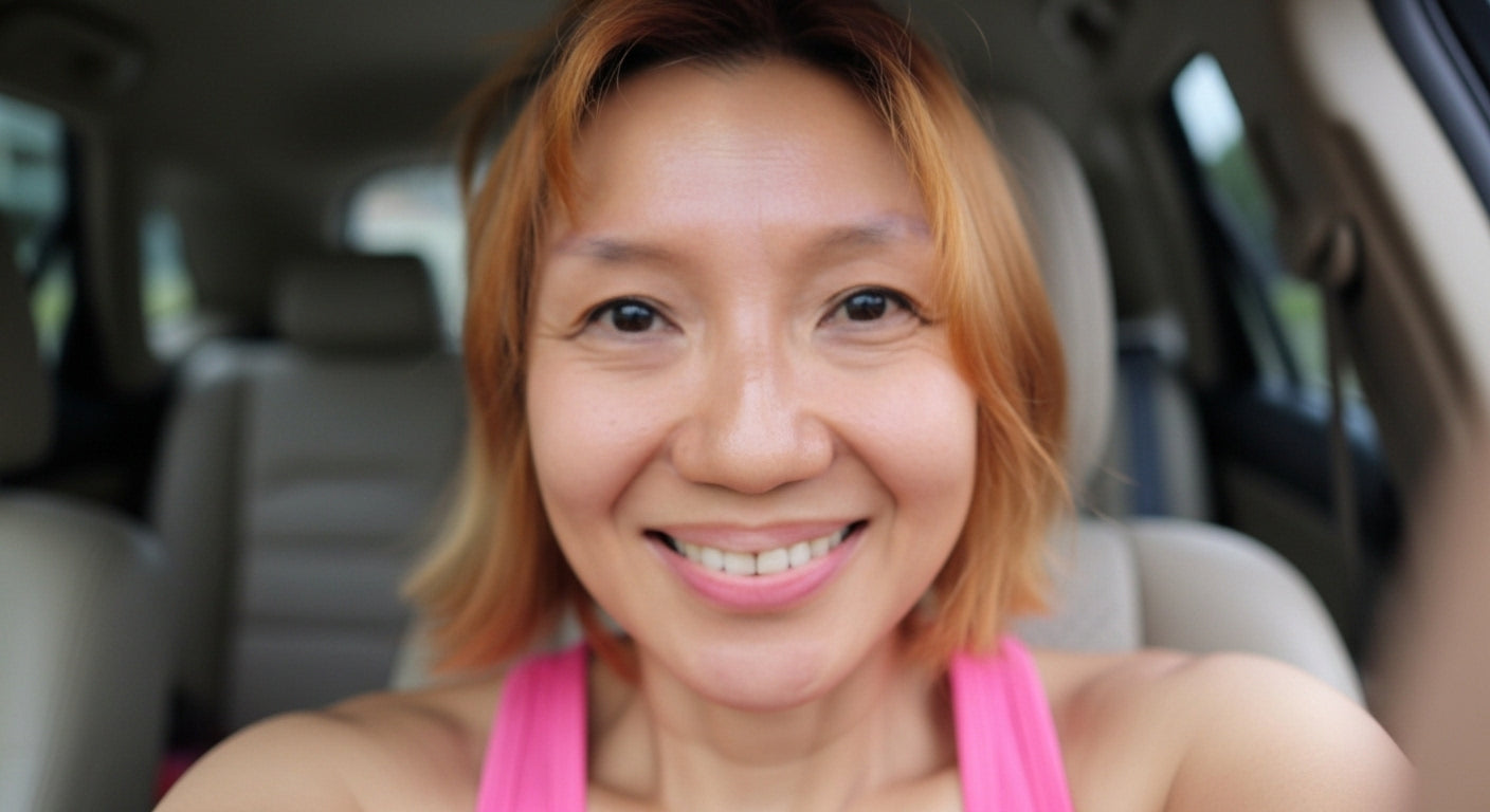 Woman with red hair smiling inside a car