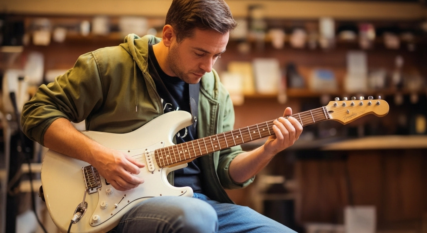 Man playing a white electric guitar in a music store.