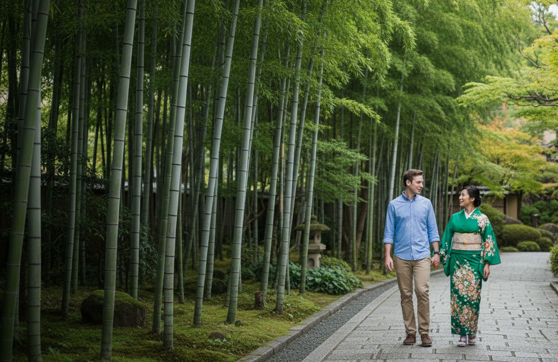 Two people walking along a path in a serene garden with bamboo and traditional architecture.