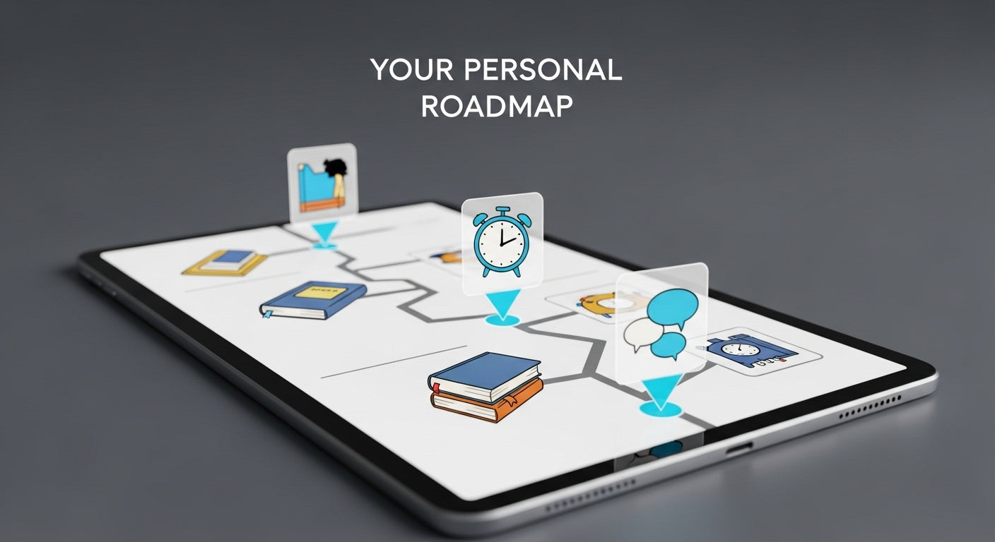 Digital tablet displaying a personal roadmap with icons on a dark background