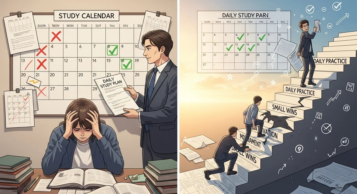 Illustration of a person overwhelmed by study schedule with another person helping, followed by a staircase chart of studying.