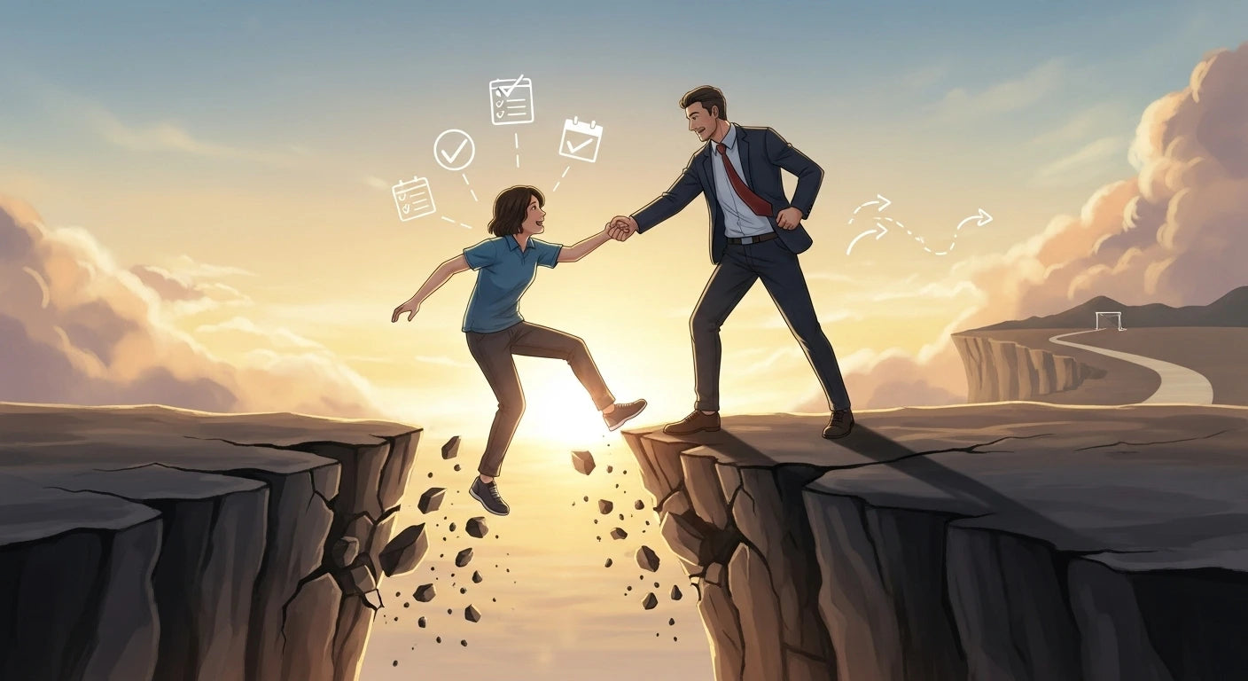 Two people shaking hands on a cliff with a sunset background