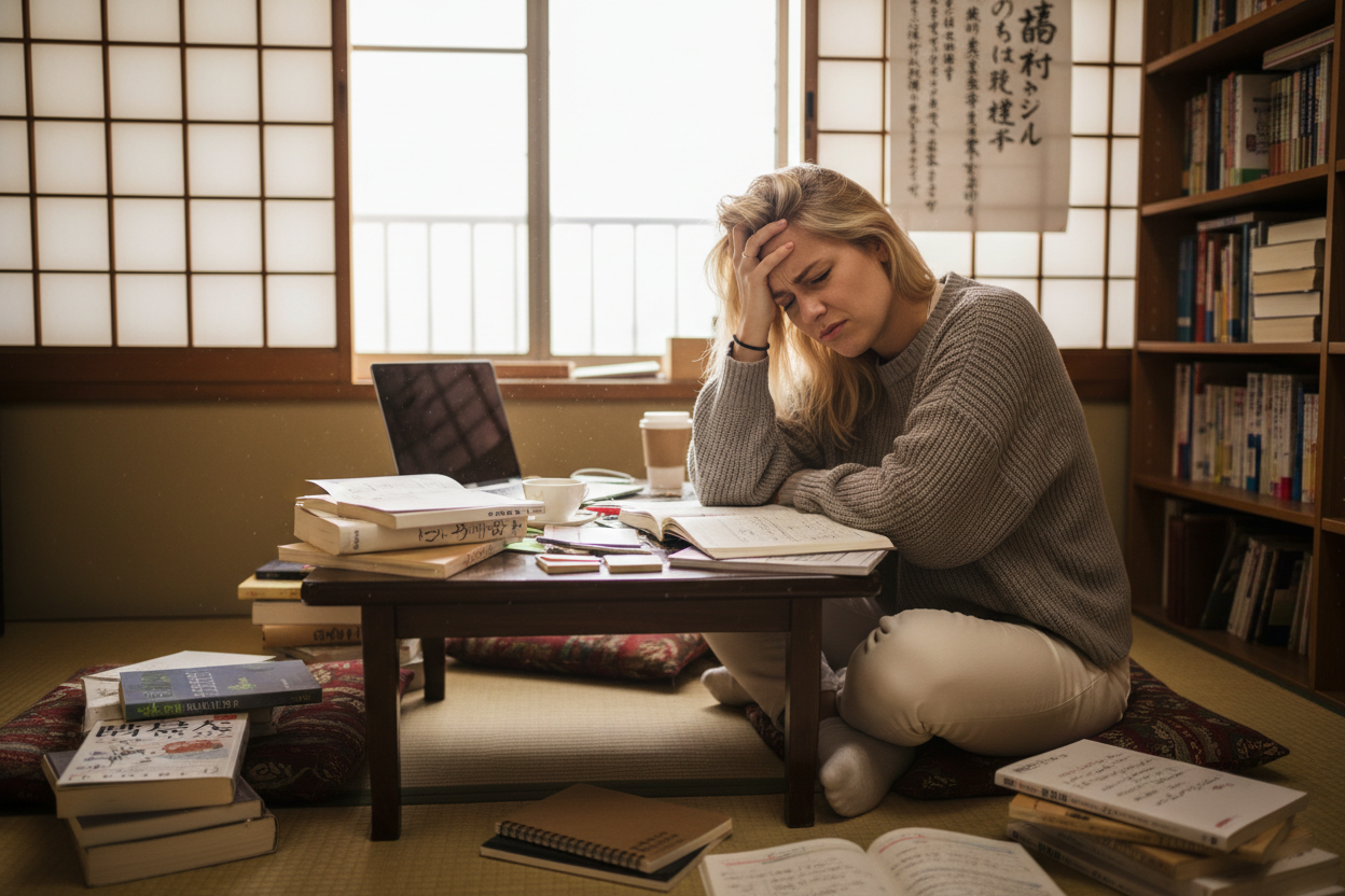 A foreign blonde hair woman in her room in japan frustrated at studying