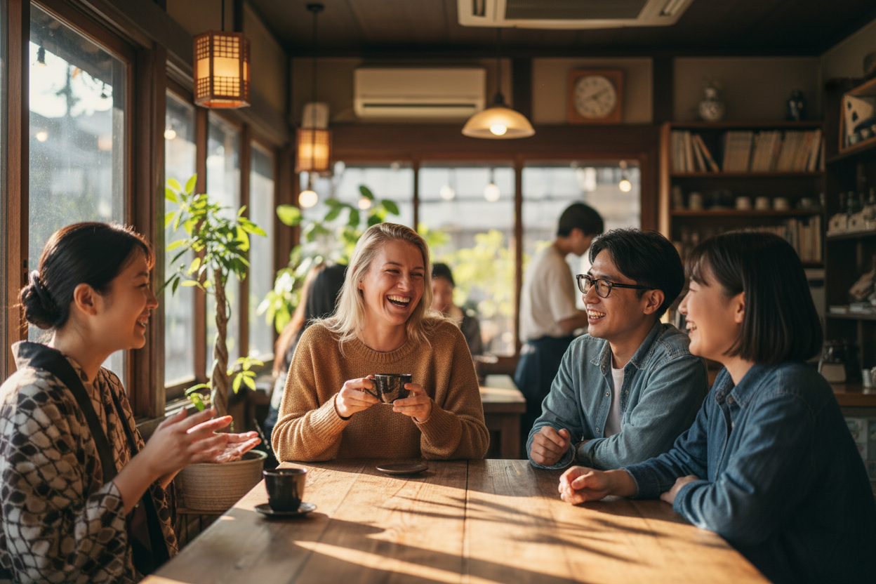 a foreigner speaking with Japanese people in japan smiling